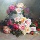 Grand tableau ancien huile sur toile, bouquet de roses, signé, vers 1890-1910