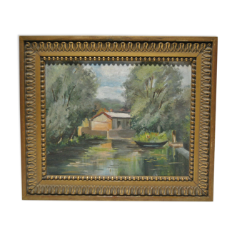 Painting painting landscape countryside river pond lake boat boat