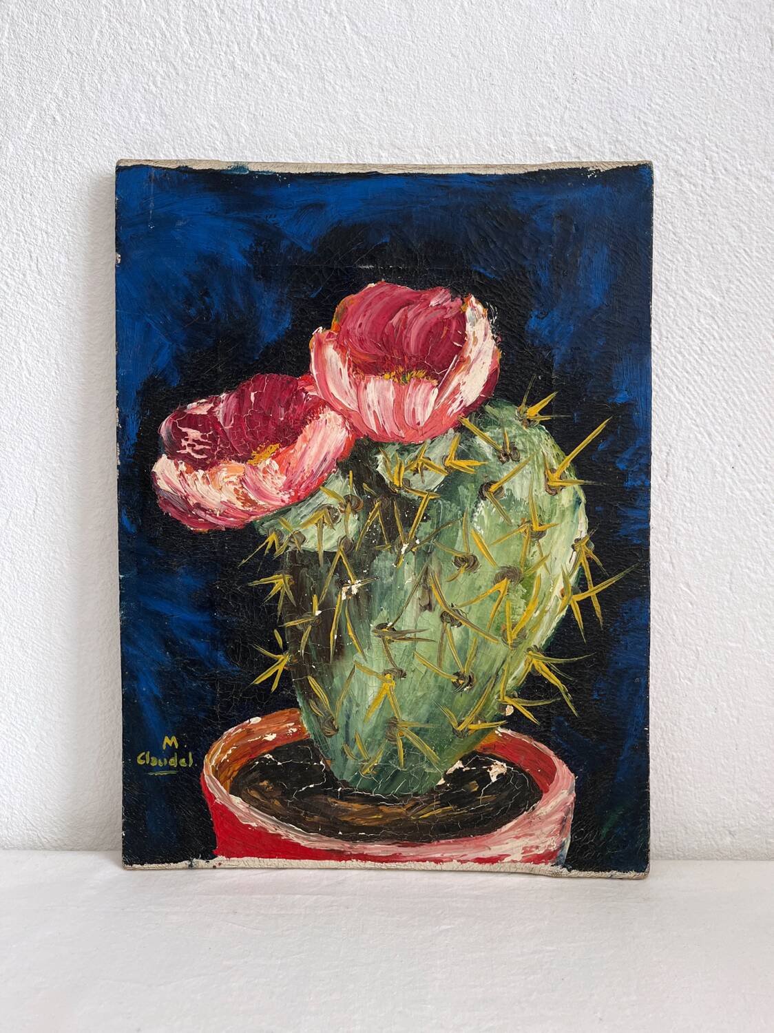 Peinture ancienne huile sur toile cactus signée Claudel