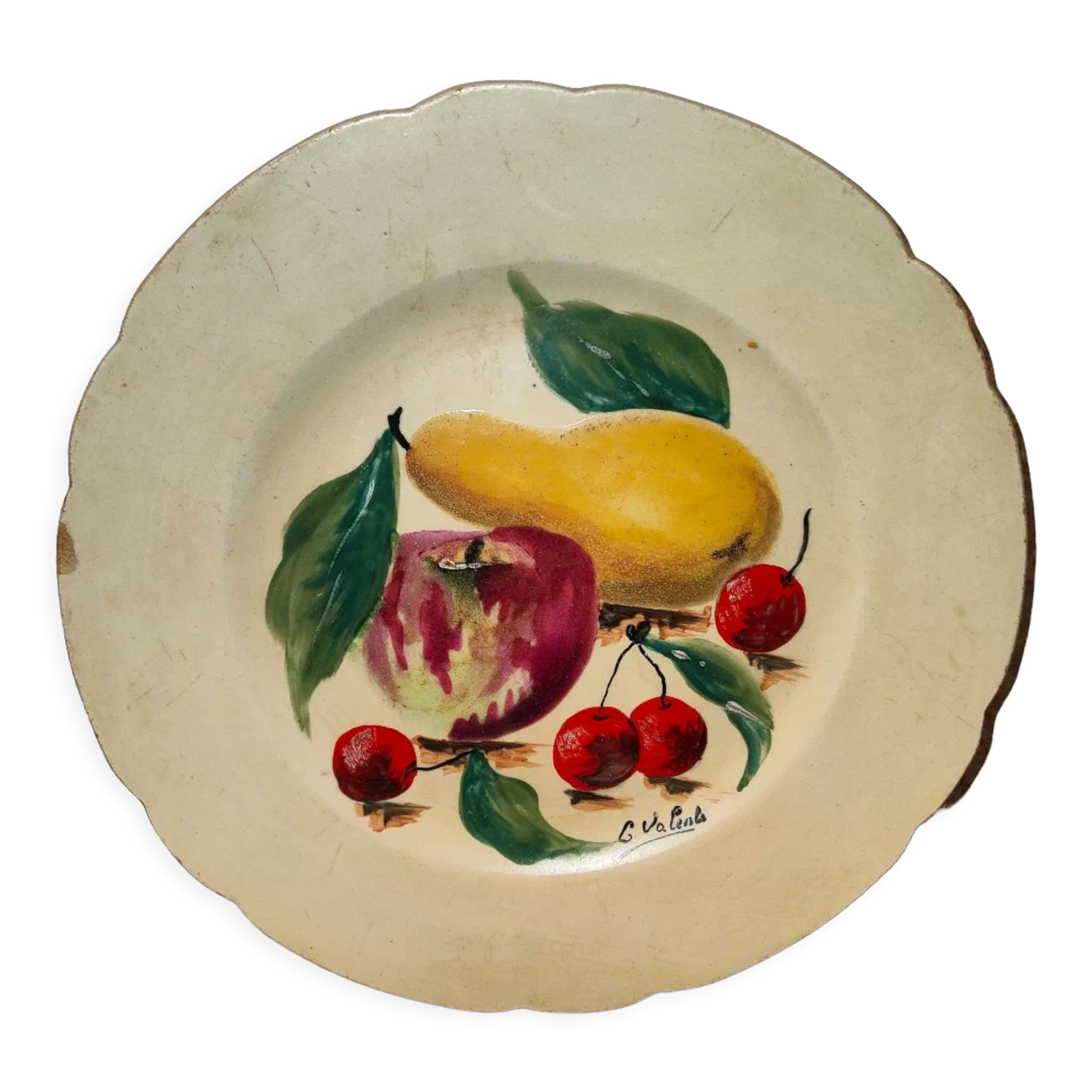 Faience plate in Longwy enamels signed Léa Valenti representing Fruits