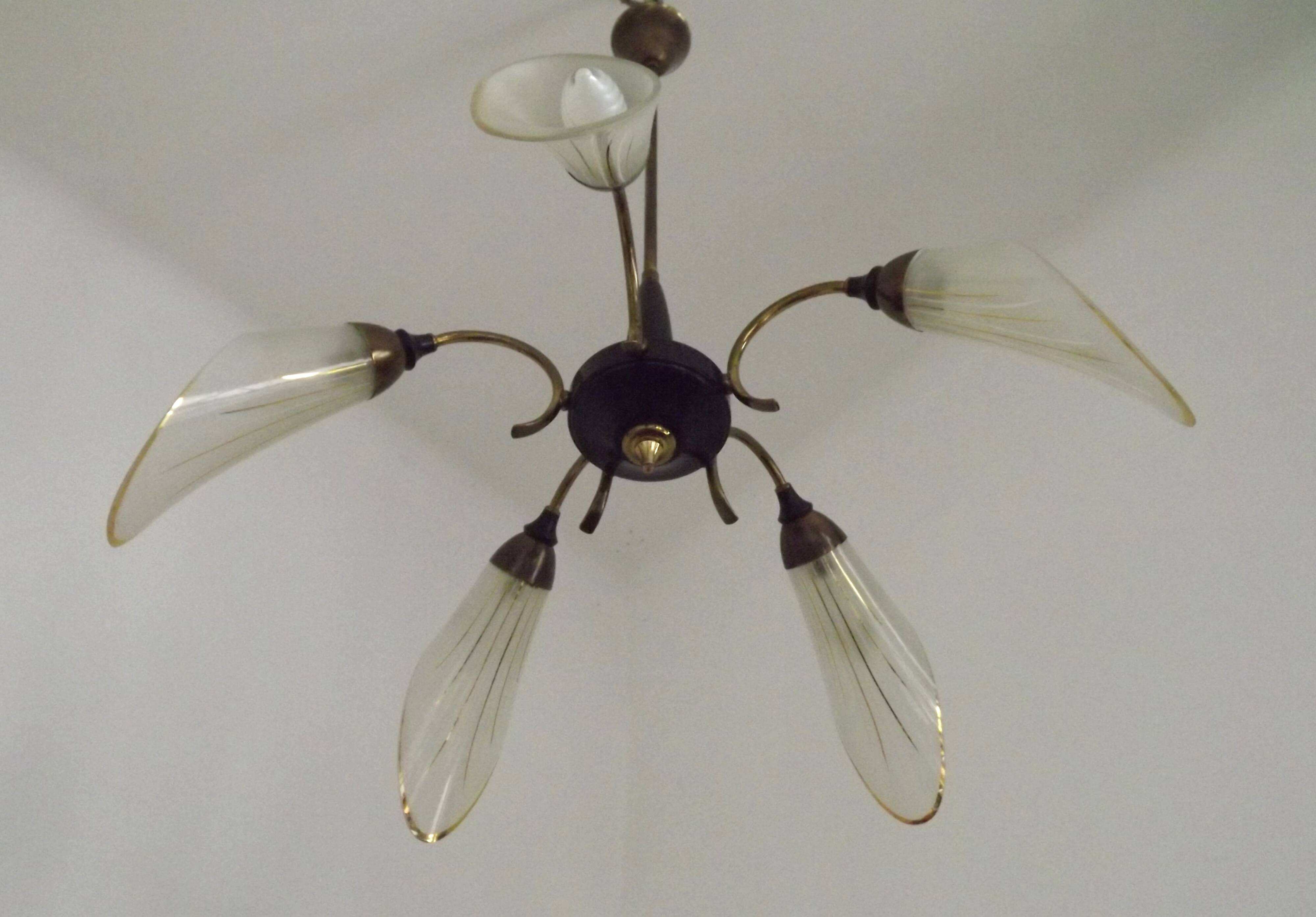 French Vintage Retro Mid Century Black & Gold 5 Arm Chandelier with Glass Shades 5080