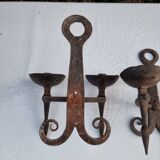 Pair of antique 15th century medieval castle wrought iron candlesticks