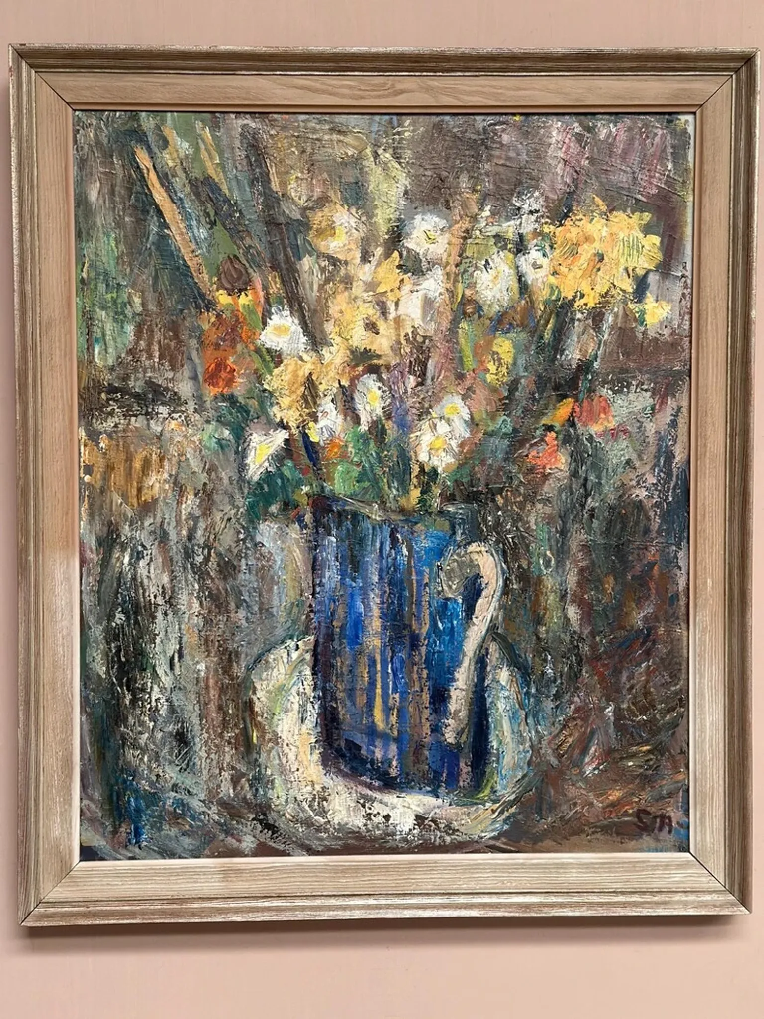 Original Swedish Oil on Panel – “Flowers in Blue Vase” by Sven Age – Signed – Vintage & Framed – 73 × 63 cm (28.7" × 24.8")