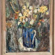 Original Swedish Oil on Panel – “Flowers in Blue Vase” by Sven Age – Signed – Vintage & Framed – 73 × 63 cm (28.7" × 24.8")