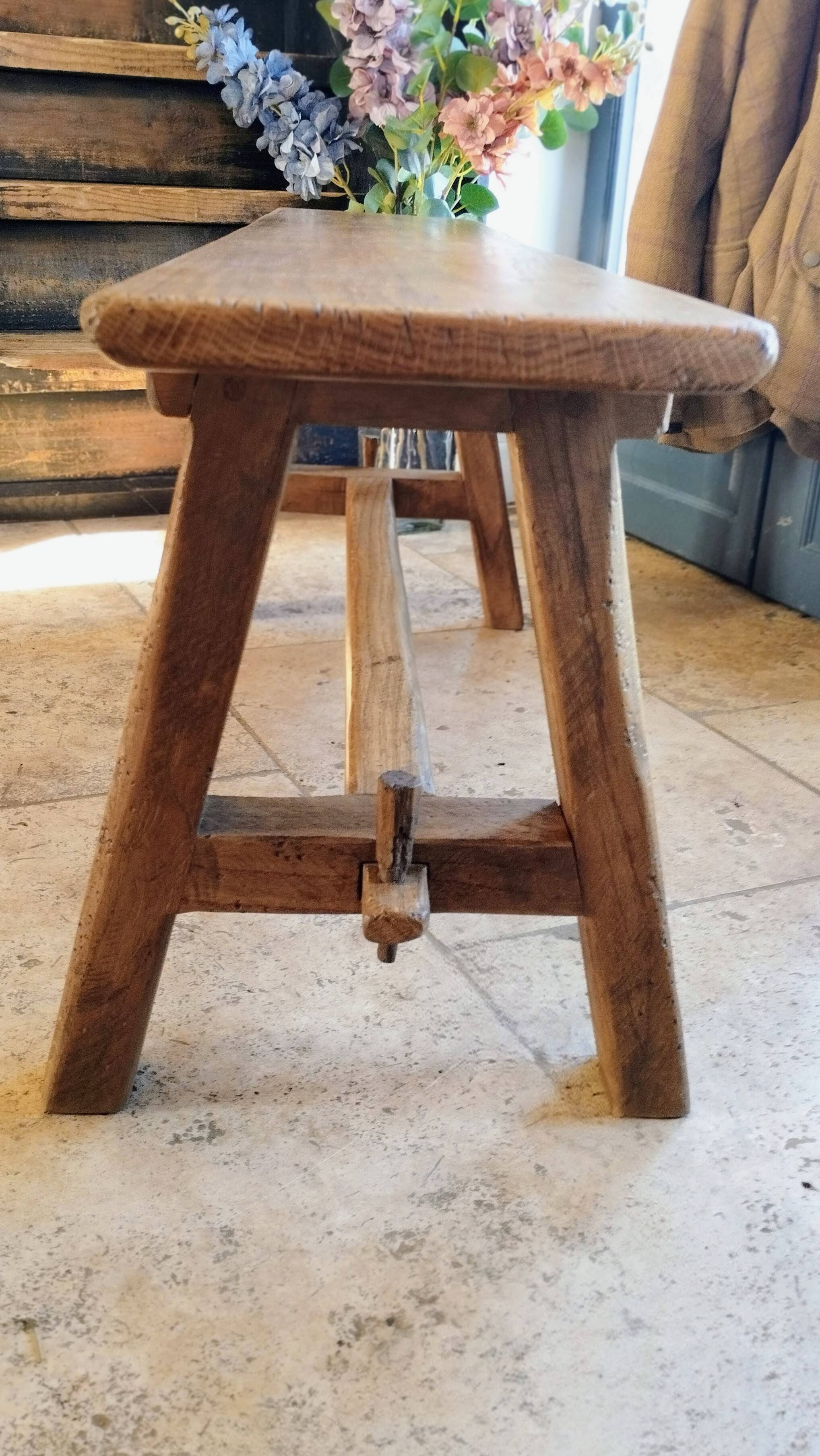 "A frame" bench in solid oak, patinated.