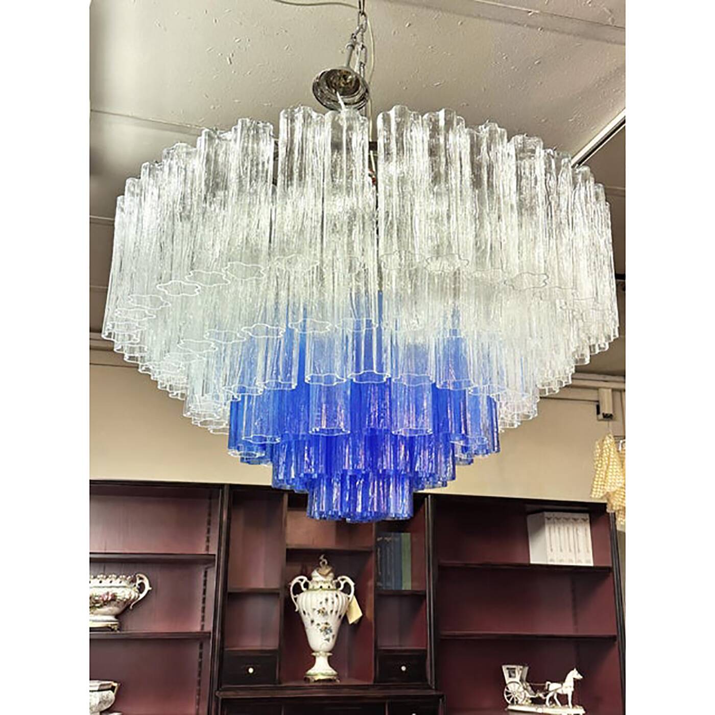 Large Transparent and Blue "Tronchi" Murano Glass Chandelier in Venini Styl