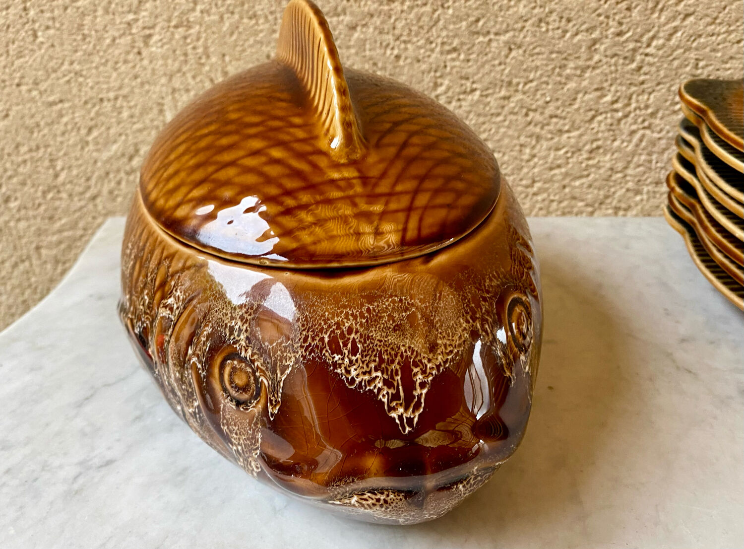 Fish service 8 plates and ceramic soup slurry Sarreguemines vintage 60