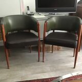 Pair of armchairs in skaï and wood