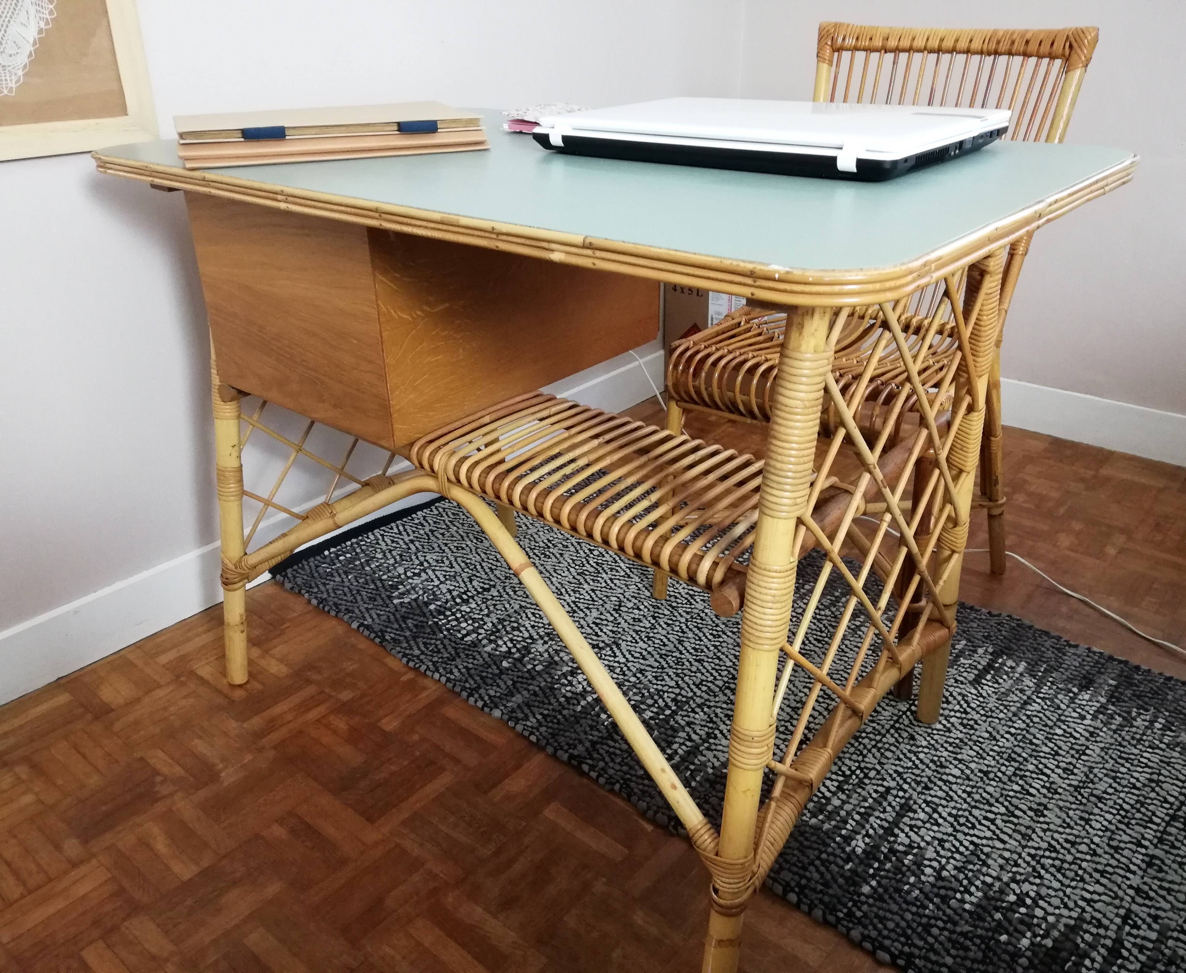 Louis Sognot desk and his rattan chair