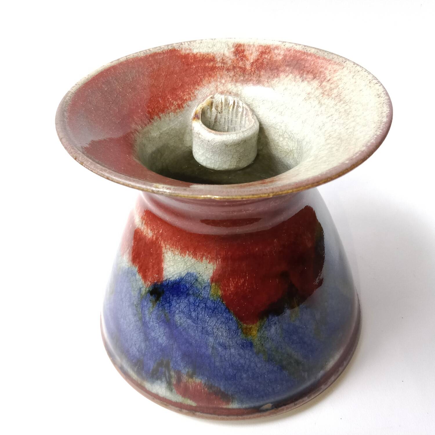 Red and blue glazed stoneware vase signed 12 cm