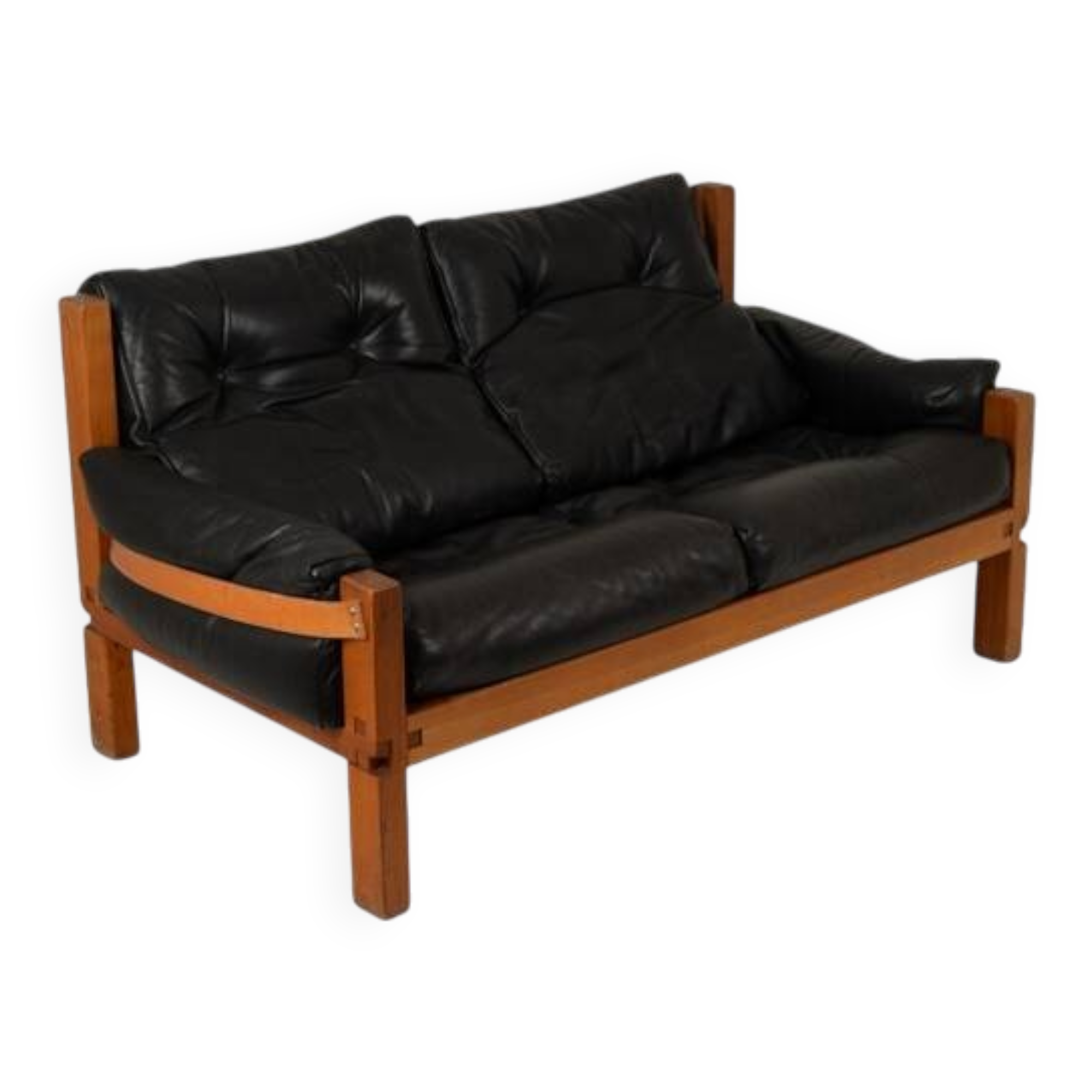 Pierre Chapo. S22 two-seater sofa, in elm and black leather. 1970