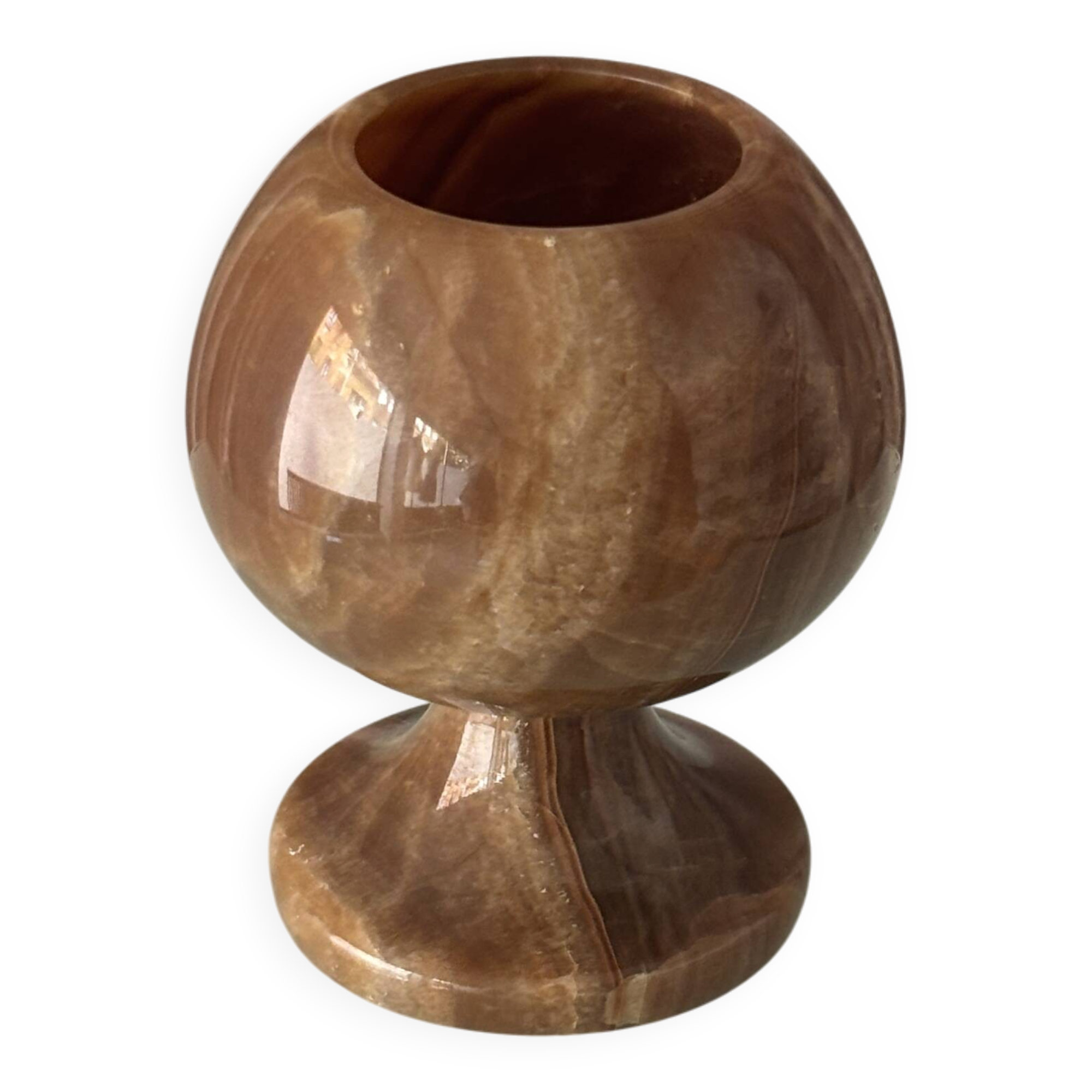 Vintage Hand-Carved Brown Onyx Pedestal Vessel