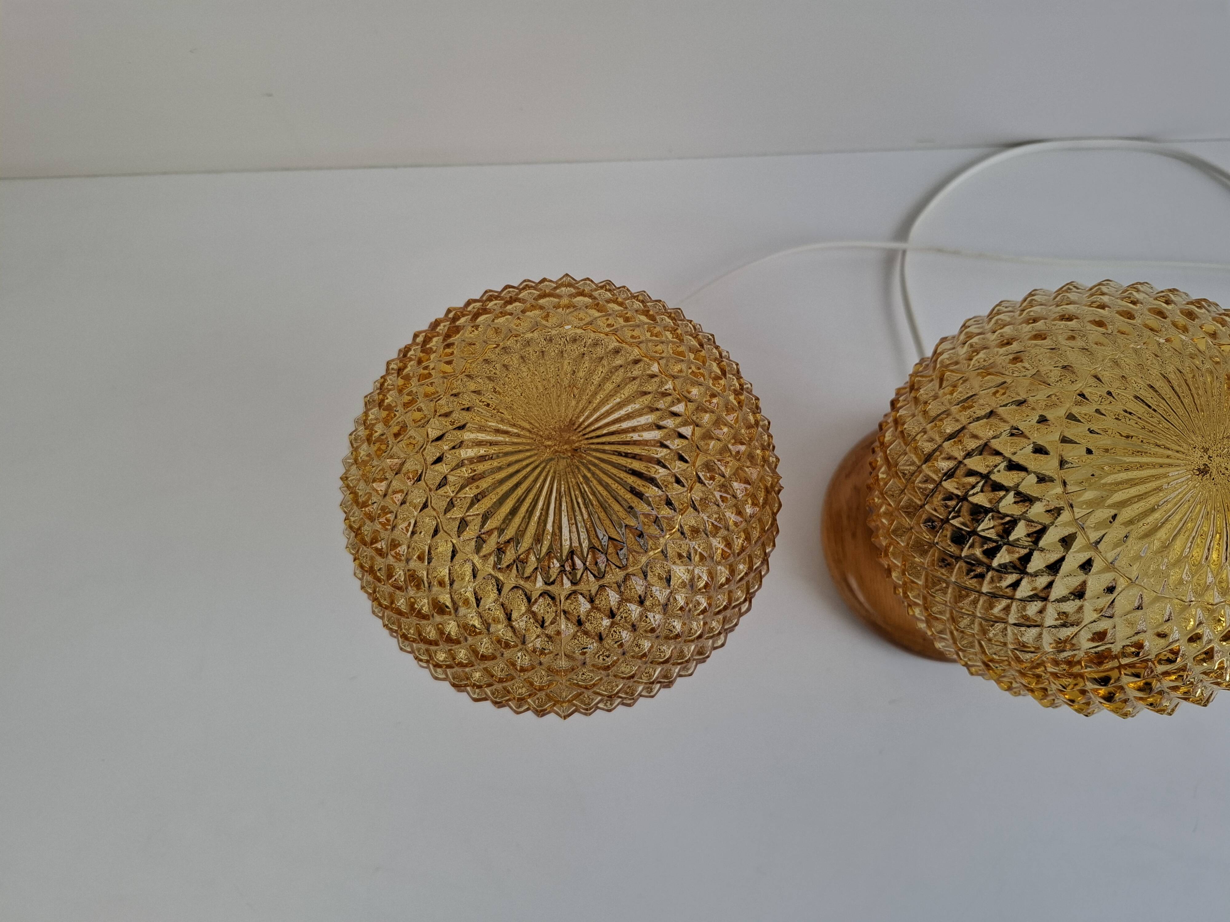 Pair of Mid-Century Table Lamps with Amber Glass and Wooden Base