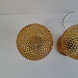 Pair of Mid-Century Table Lamps with Amber Glass and Wooden Base