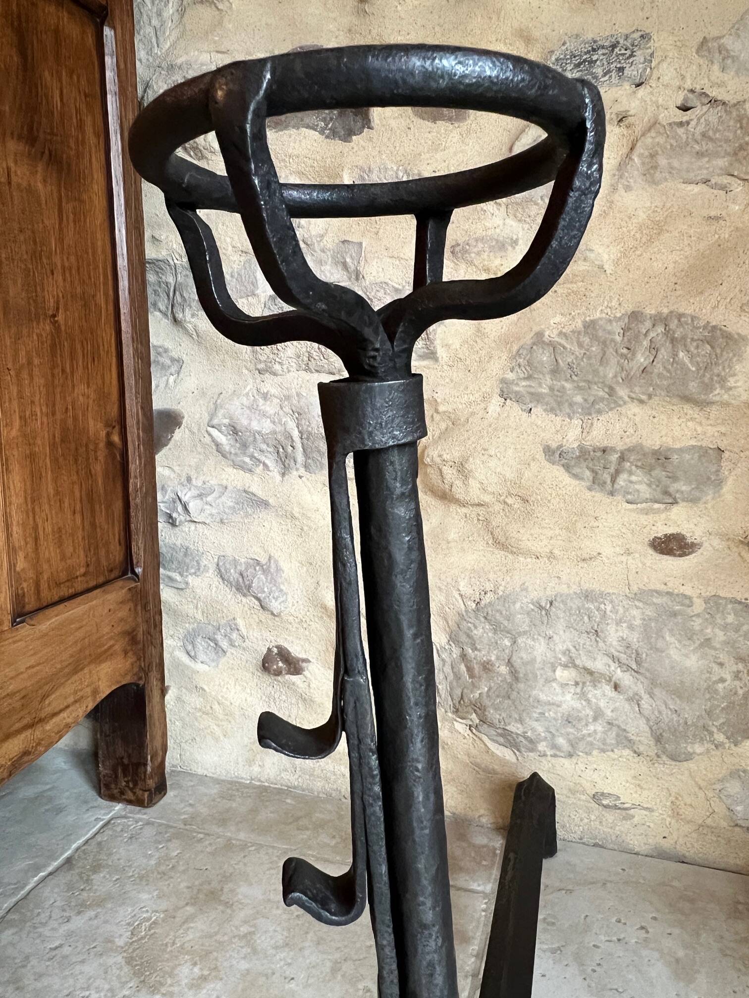 Pair of 18th century wrought iron andirons, log-carrying andirons