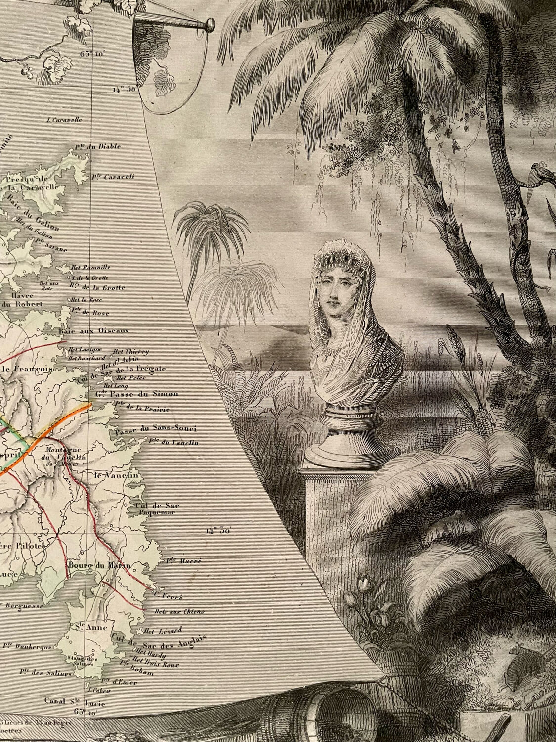 Illustrated map of Martinique and South America 1840