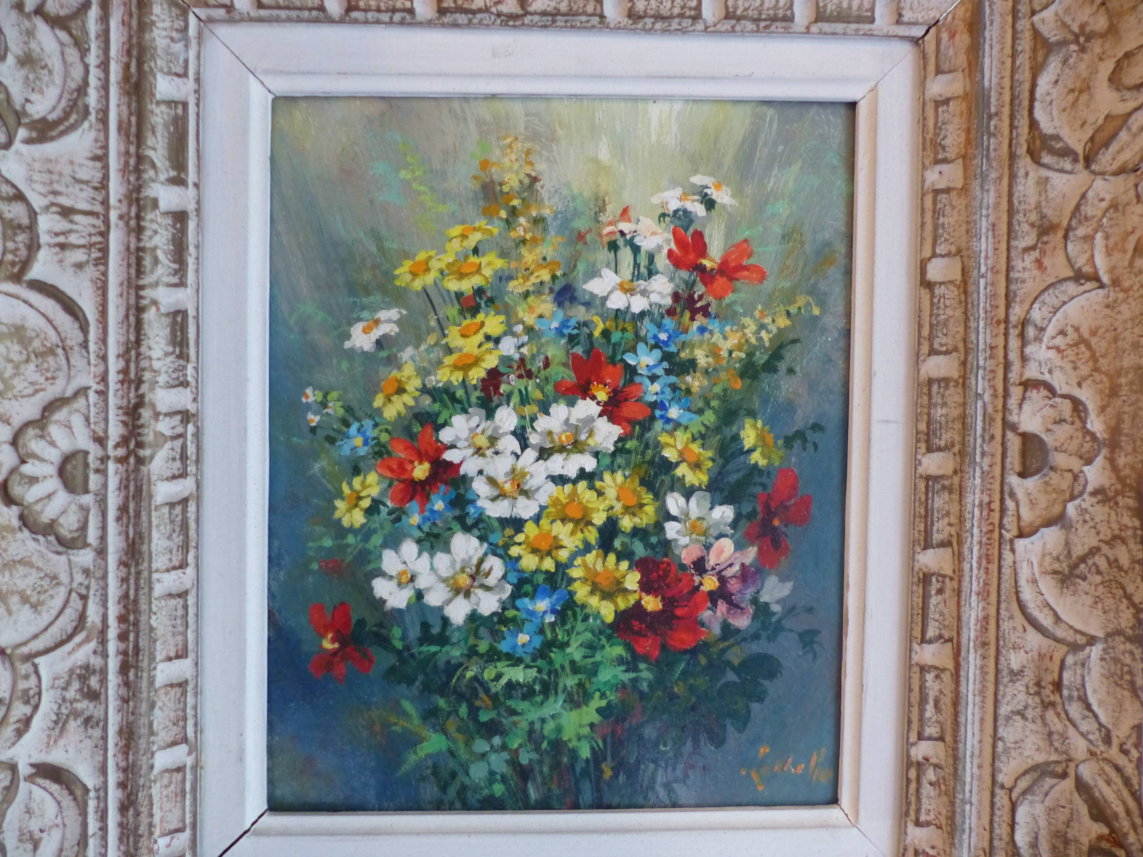 Tableau bouquet de fleurs, huile sur isorel