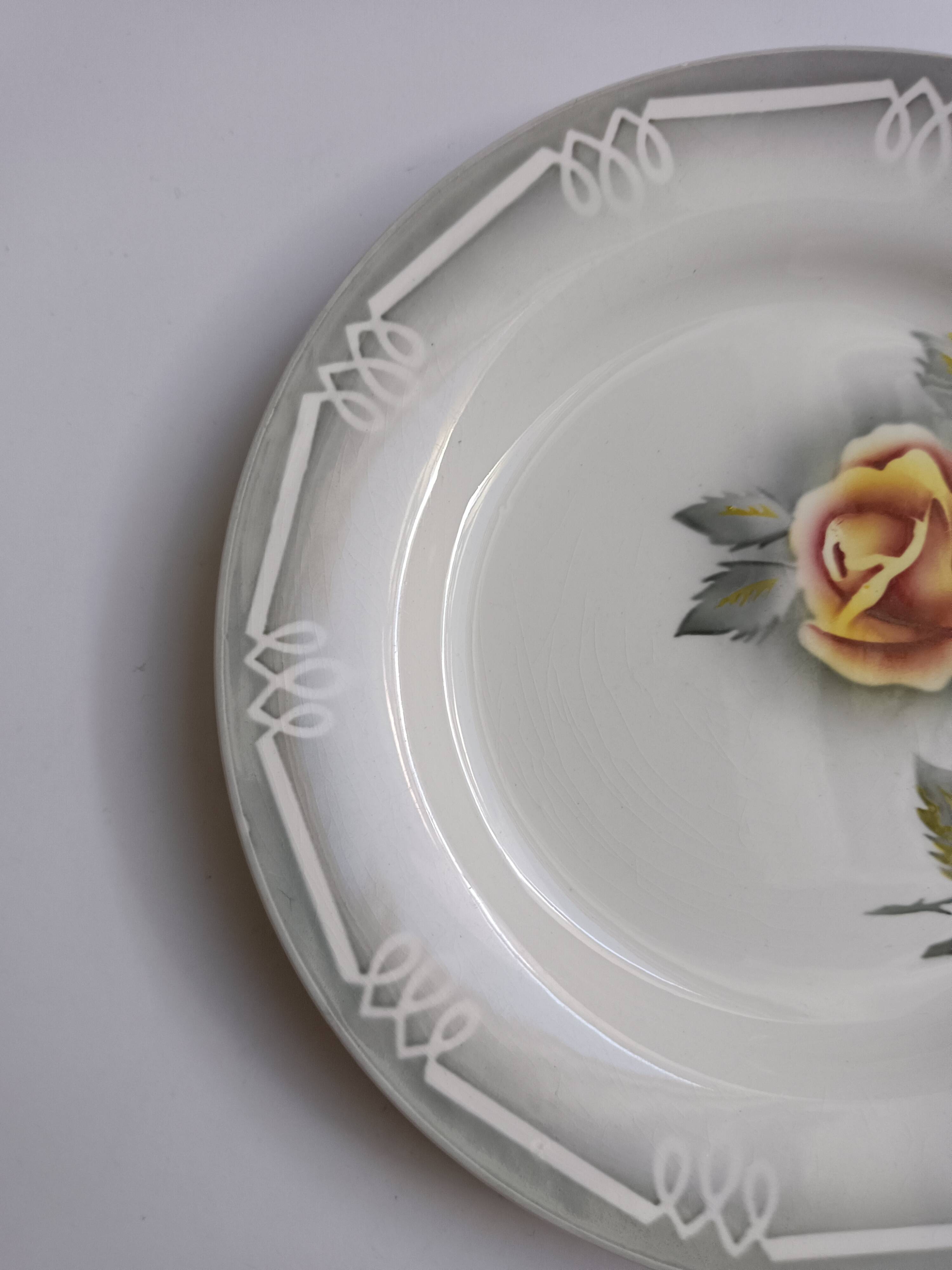 3 assiettes Digoin Sarreguemines Adèle gris jaune et bordeaux