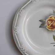 3 Digoin Sarreguemines Adèle plates in grey, yellow, and burgundy.