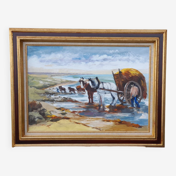 Framed oil on canvas signed Riotte seaweed collector L 81.5 cm Brittany Finistère