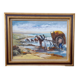 Framed oil on canvas signed Riotte seaweed collector L 81.5 cm Brittany Finistère