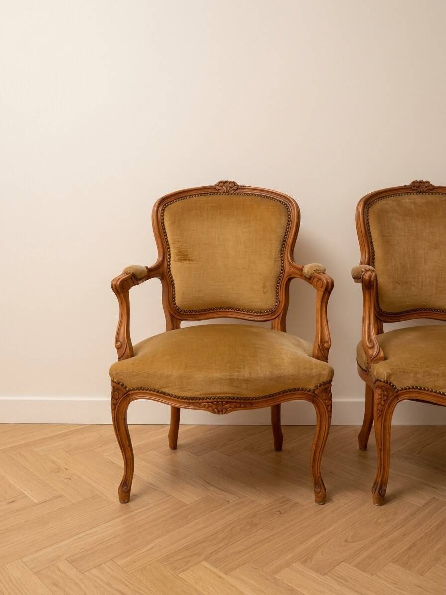 Pair of Louis XV armchairs in golden velvet