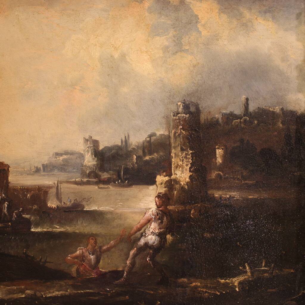 Great 18th century painting landscape with knights