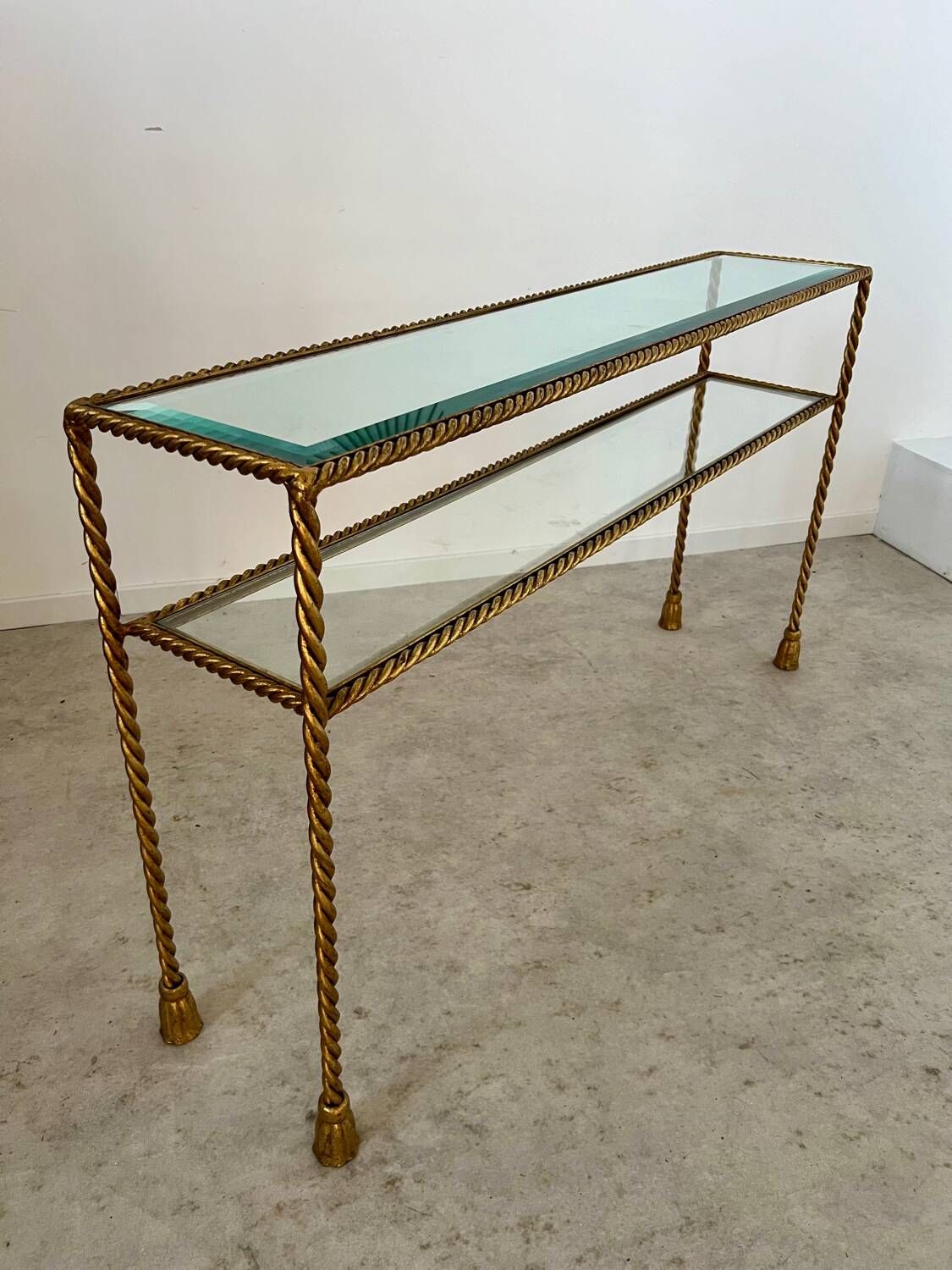Antique console table in twisted gilded brass and glass Italian design from the 60s vintage table