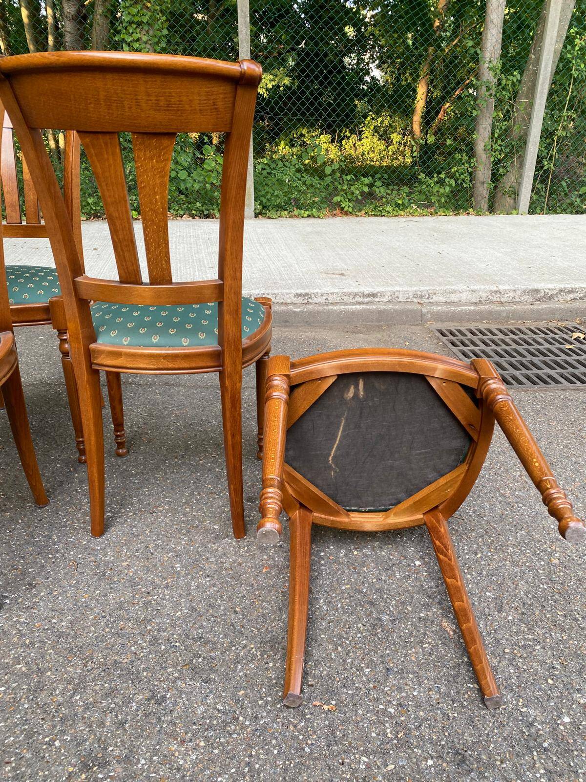 4 solid wood dining chairs with green fabric Louis Philippe 198