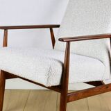 Armchair 'Lis', 1970s, white boucle, design by Henryk Lis - dark wood - 2 pieces available
