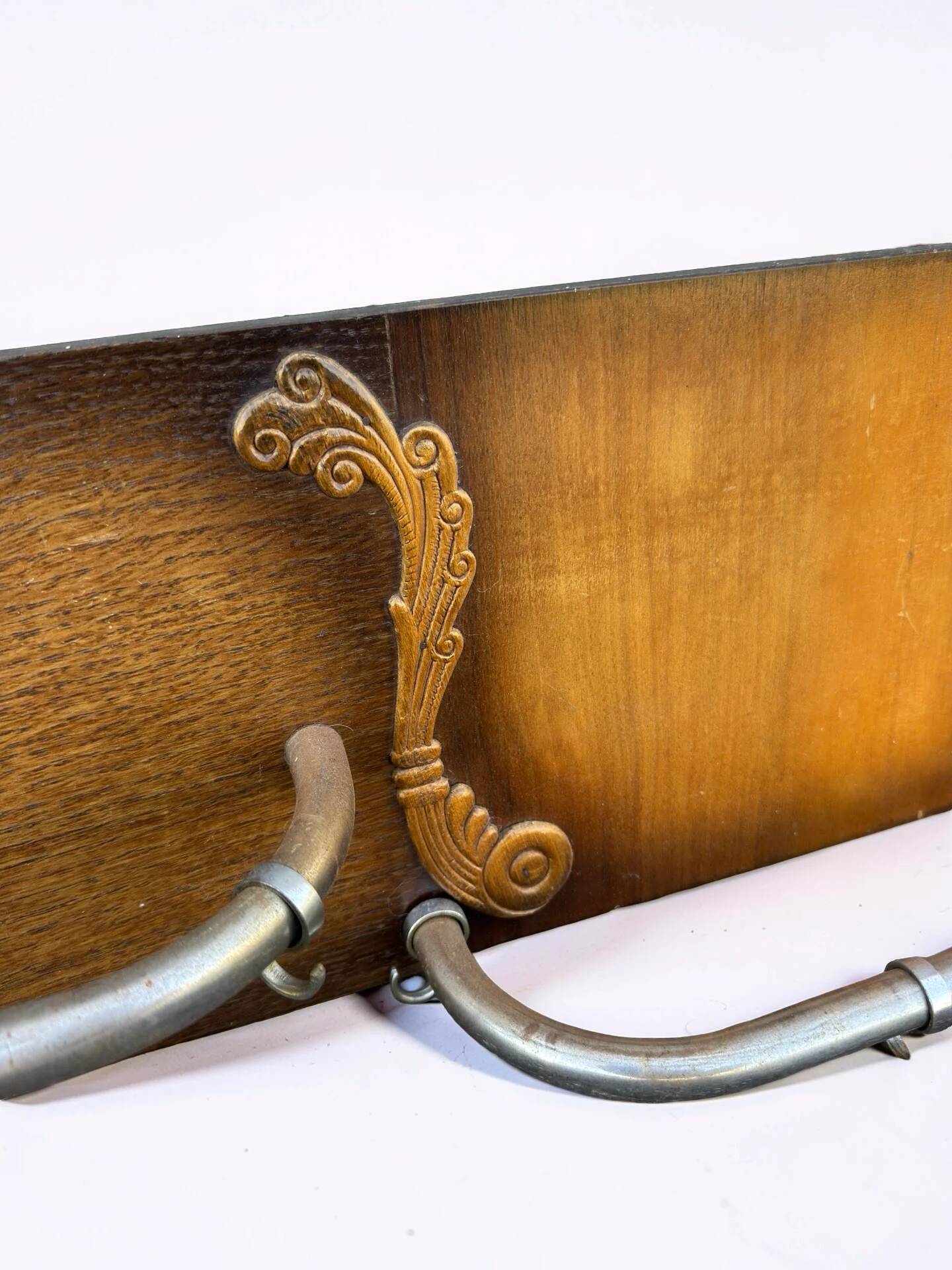 Vintage wooden coat rack with chrome hooks