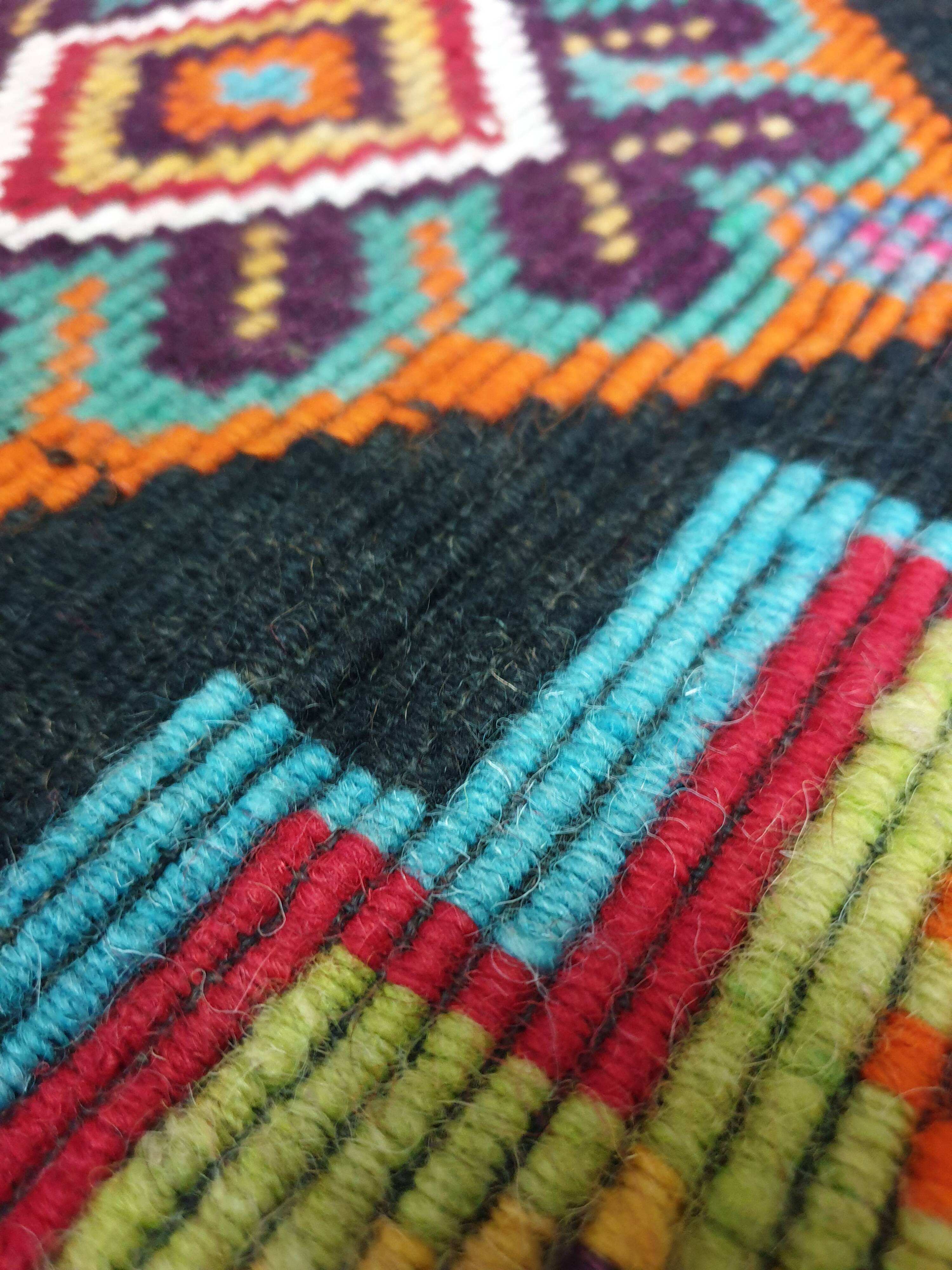 Handwoven vintage accent geometrical rug, colorful wool, Romanian carpet 220x146cm