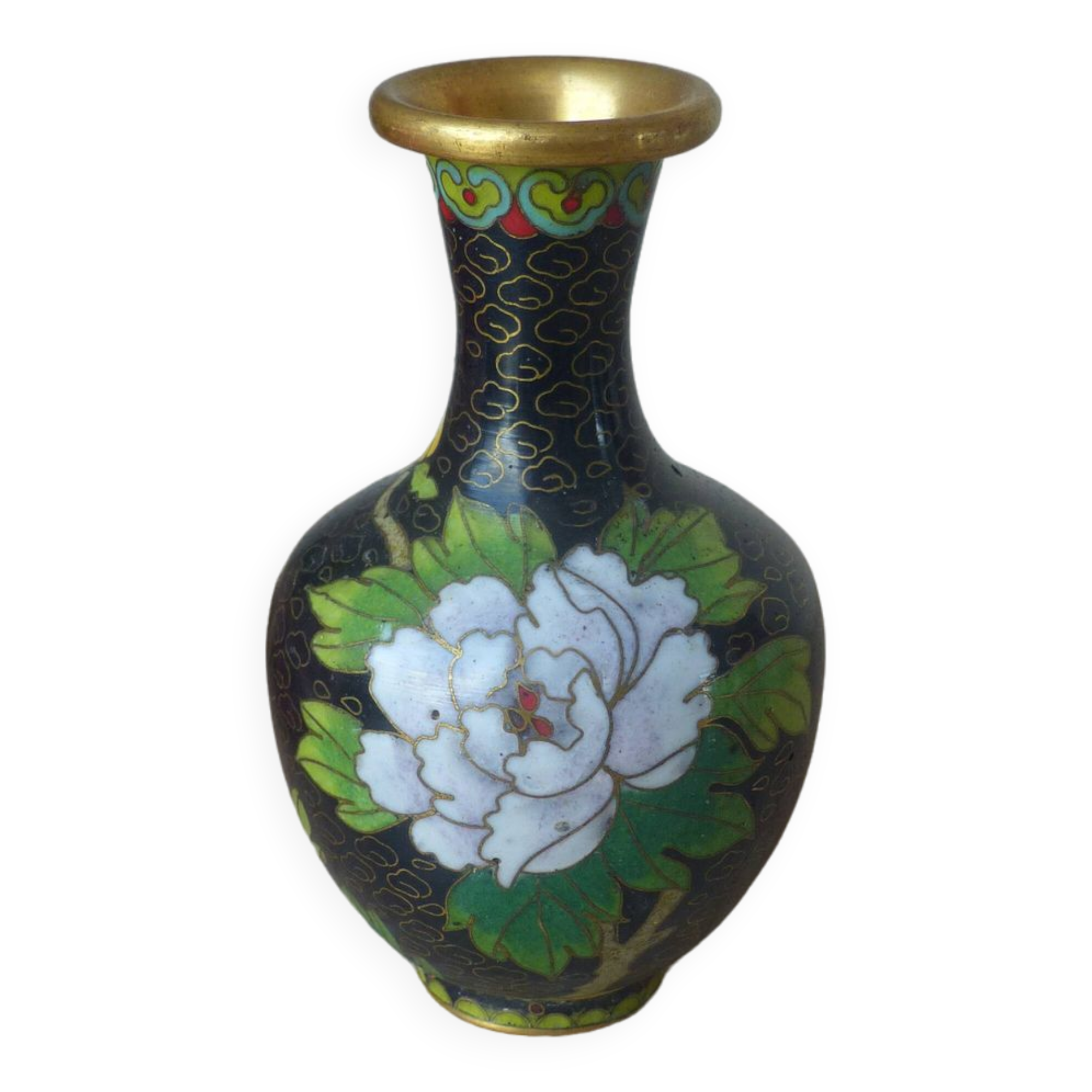 Miniature vase in black and gold cloisonné brass with peonies and flowers decor Vintage