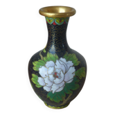Vase miniature en laiton cloisonné noir et doré décor pivoines et fleurs Vintage