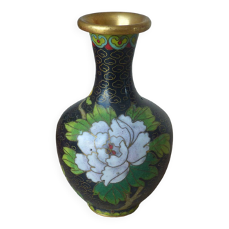 Miniature vase in black and gold cloisonné brass with peonies and flowers decor Vintage