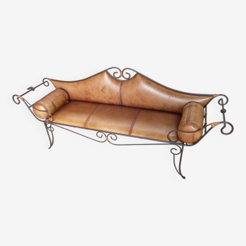 Wrought iron and leather bench