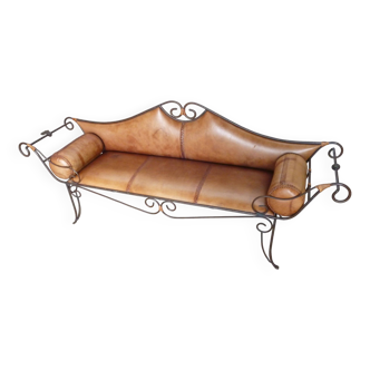 Wrought iron and leather bench