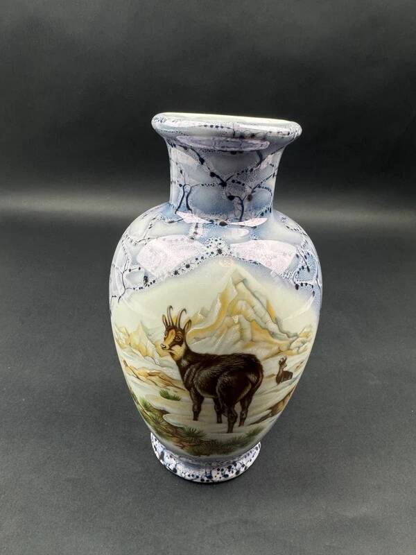 Porcelain vase decorated J. Lecquerile Lusseray France, chamois and mountain decor