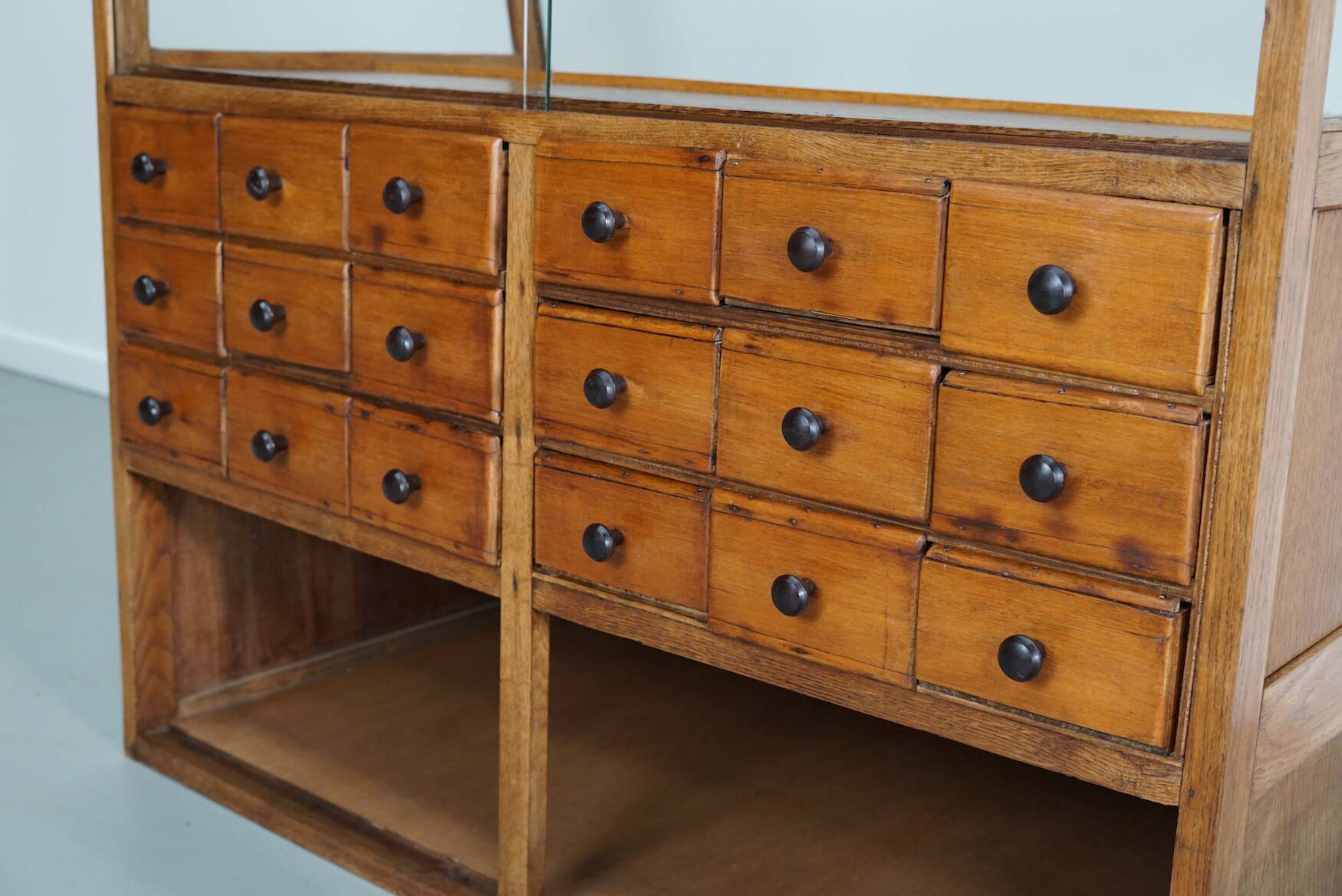 Antique Spanish beech & oak haberdashery cabinet or shop counter, 1950s