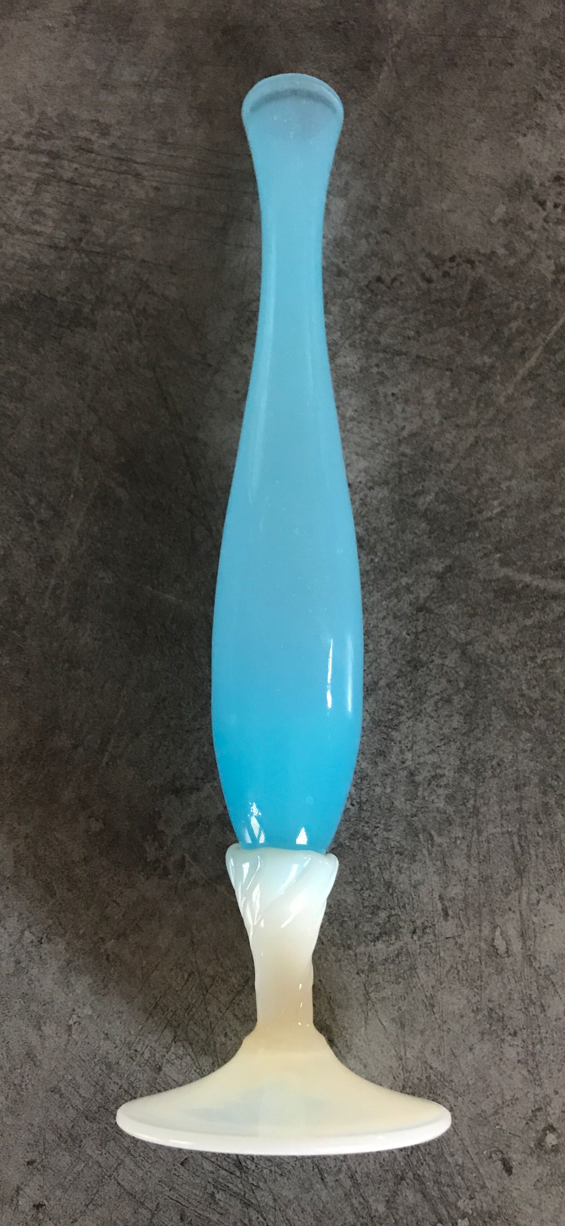 Vase soliflore in opaline turquoise blue color and white foot 24 cm