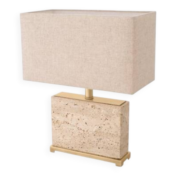 Paire de lampes de table en travertin et laiton patiné, parfaites pour les intérieurs contemporains.