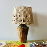 Vintage table lamp in glazed stoneware with macramé lampshade