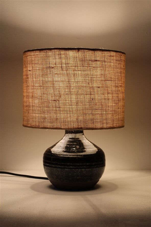 Rare, handcrafted Robert “Rob” Bentsen ceramic table lamp with a jute lampshade / Mid-century Danish modern design / 1960s / 1970s
