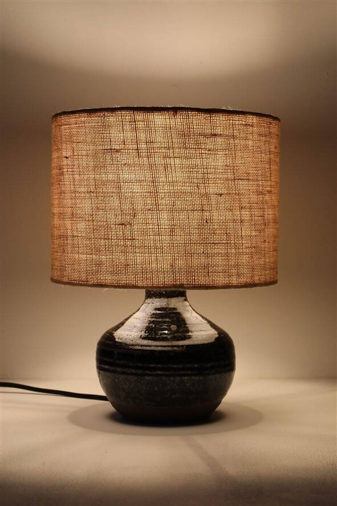 Rare, handcrafted Robert “Rob” Bentsen ceramic table lamp with a jute lampshade / Mid-century Danish modern design / 1960s / 1970s