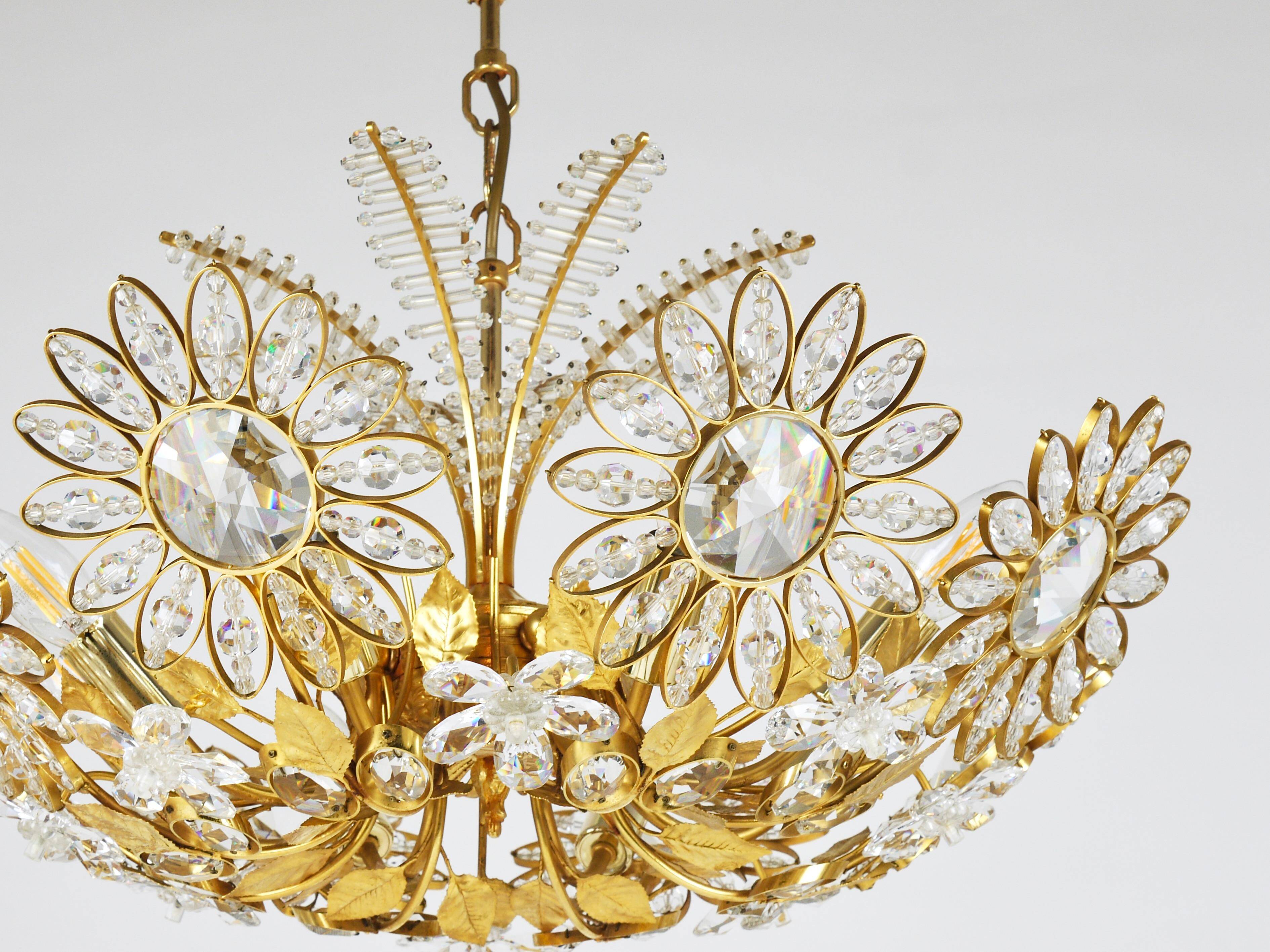 Ernst Palme Grand Chandelier Palm Tree Flower Palwa, Gilded Brass, Crystals, 1970s