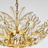 Ernst Palme Grand Chandelier Palm Tree Flower Palwa, Gilded Brass, Crystals, 1970s