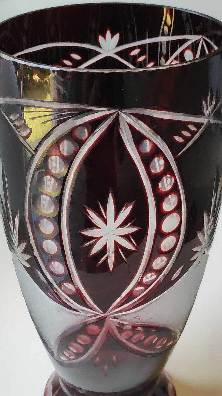 Bohemian/Czech Boho crystal vase, Burgundy red, vintage