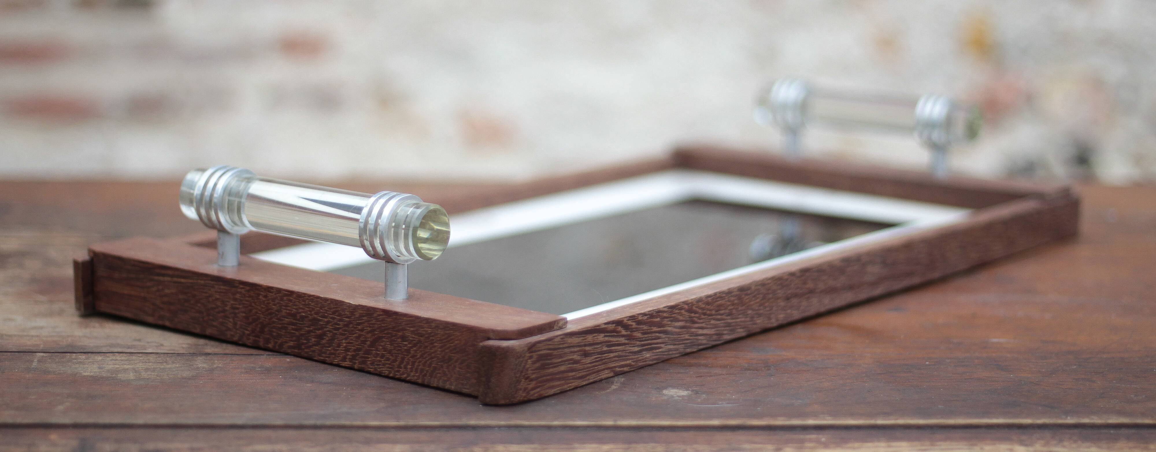 Art deco wooden tray, wooden tray with glass handles, breakfast tray