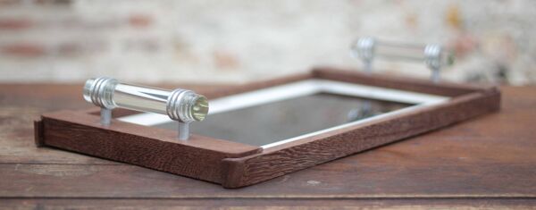 Plateau bois art déco, plateau bois avec poignées en verre,plateau déjeuner