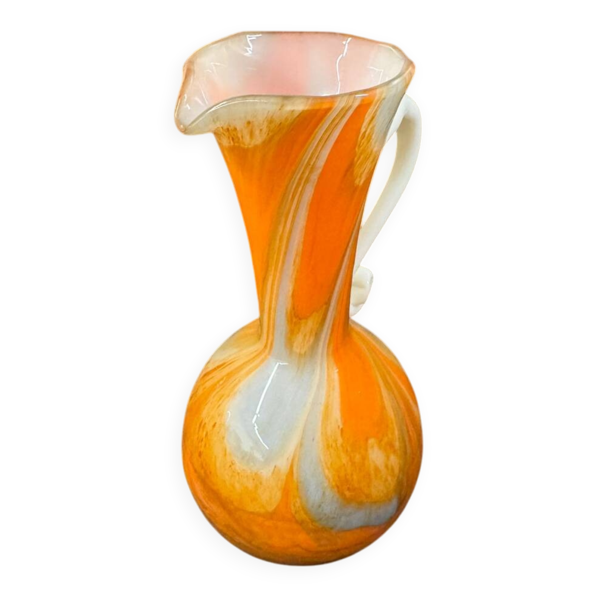 Marbled orange and white glass vase with applied handle – Art Deco